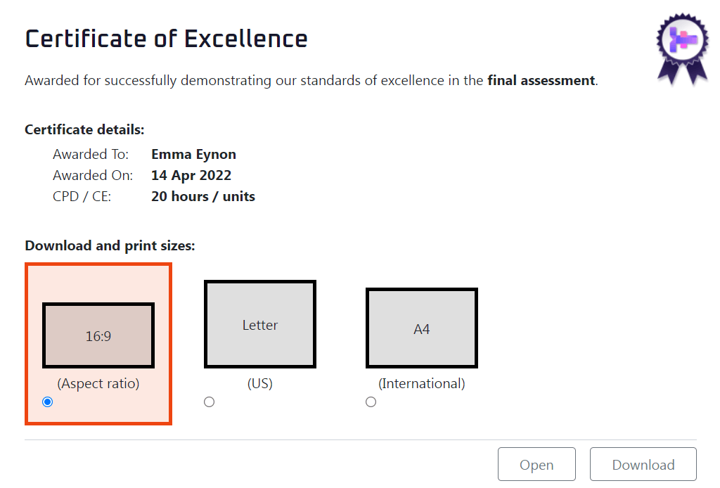 certificate of excellence options