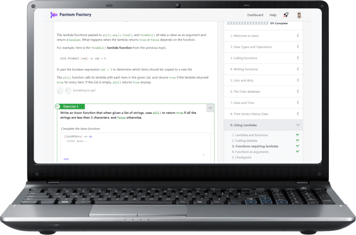 Screenshot of Fantom Factory eLearning on a laptop